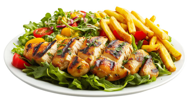 Grilled chicken salad with fries served. PNG image, transparent background