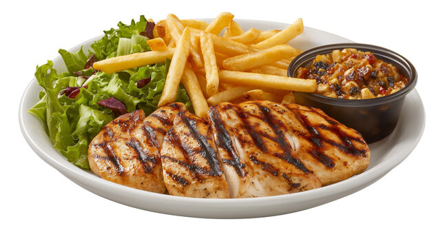 Plate of grilled chicken & sides. PNG image, transparent background