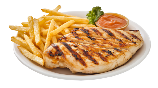 Juicy grilled chicken served with fries. PNG image, transparent background