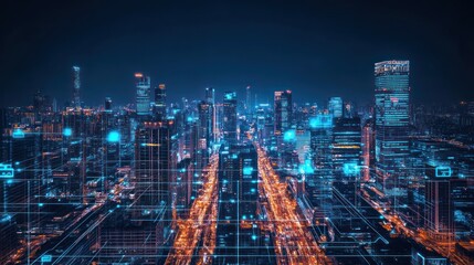 Futuristic metropolis: A neon network overlaying a vibrant cityscape at night
