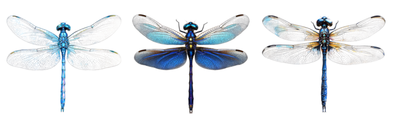 Collection of majestic blue dragonflies with veined wings isolated on a white or transparent background.