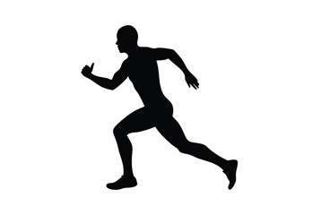 Silhouette of athletic man running in forward motion, muscular build, dynamic pose, wearing sportswear, isolated on white background, symbolizing fitness, speed, energy, and determination.