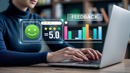 Customer review and satisfaction feedback with graphical data representation and 5 star rating