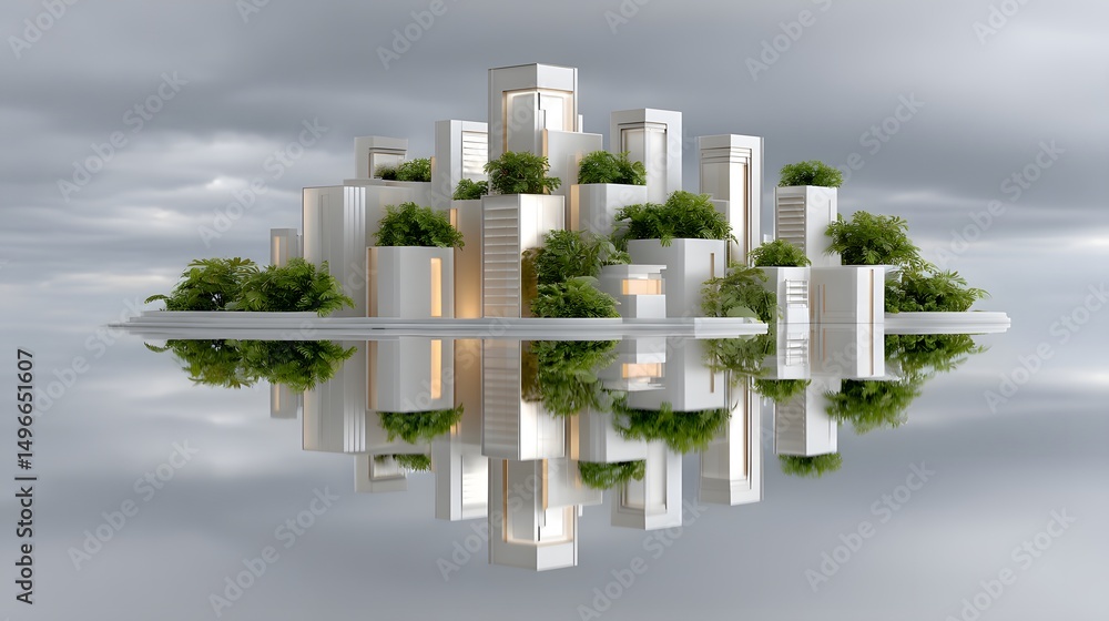 Poster a sky-high metropolis built on floating platforms, seamlessly fusing cutting-edge nano-architecture 