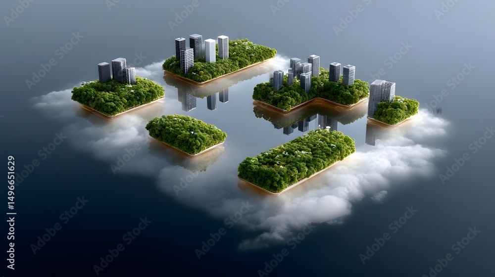 Poster a sky-high metropolis built on floating platforms, seamlessly fusing cutting-edge nano-architecture 