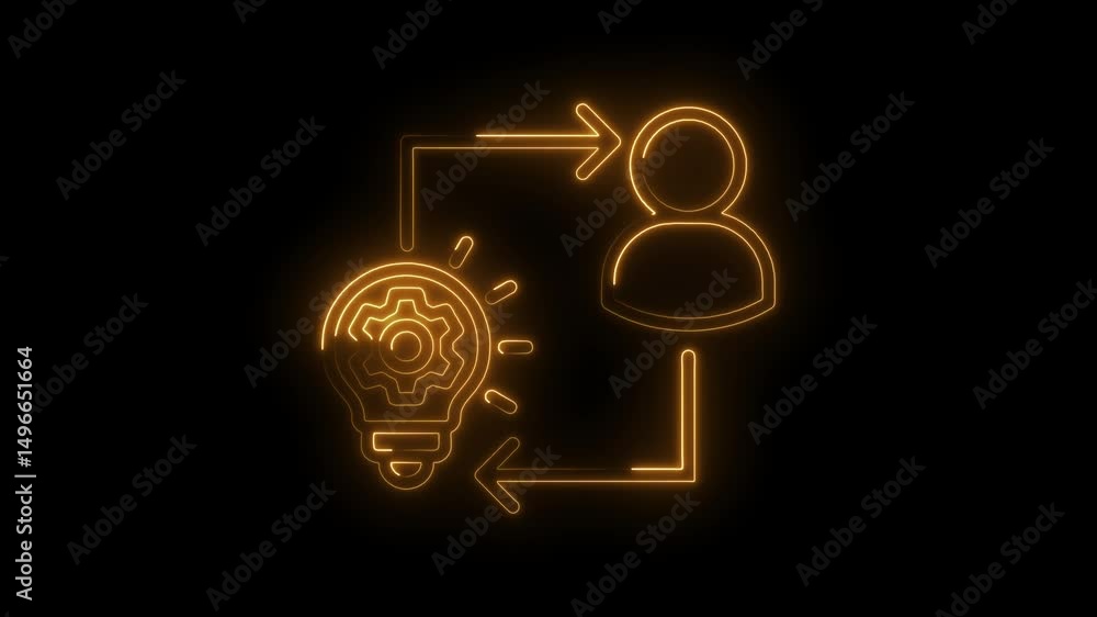 Poster neon icon animation of idea creation and human development on black background