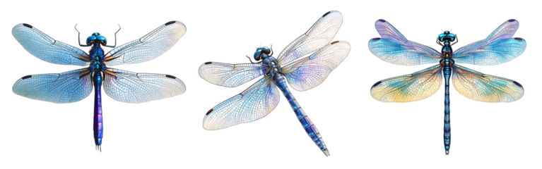 Collection of majestic blue dragonflies with veined wings isolated on a white or transparent background.