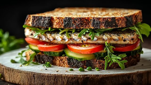 Grilled fish sandwich with cucumber, tomato, arugula on toasted multigrain bread