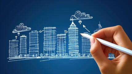 Smart Cities: Hands create a city skyline with digital overlays, traffic lights, and data clouds, representing the fusion of technology and urban life for smarter living.
