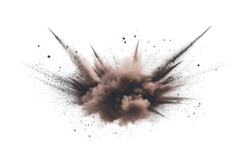 A dark brown cloud of dust or powder explodes outwards, surrounded by a lighter-colored cloud, creating a dramatic and dynamic visual effect against a black background