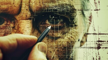 Facial Recognition: A hand outlines a human face with grid overlays and scanning lines, suggesting the analytical process of identifying facial patterns through technology.

