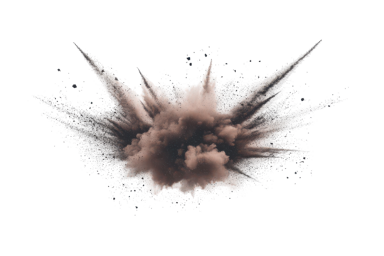 A dark brown cloud of dust or powder explodes outwards, surrounded by a lighter-colored cloud, creating a dramatic and dynamic visual effect against a black background