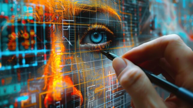 Facial Recognition: A hand draws a human face, with grid lines and scanning markers, indicating the pattern analysis process used in facial recognition systems.
