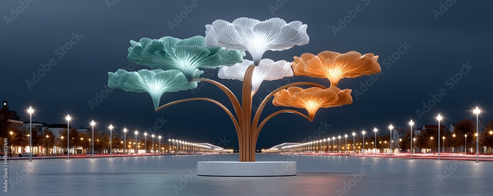 Aufkleber high-tech botanical metropolis glowing in the twilight, self-sustaining biosphere domes linked by ai