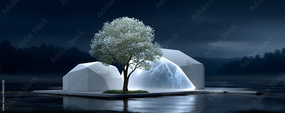 Poster high-tech botanical metropolis glowing in the twilight, self-sustaining biosphere domes linked by ai
