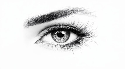 Hyperrealistic eye, black and white, detailed. white background.