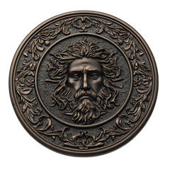 Ornate shield depicts a bearded man with flowing hair, surrounded by detailed floral patterns
