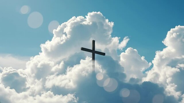 A Christian cross in some white puffy clouds with blue sky cloudscape background