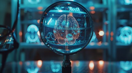 Mental Clarity Lens: The prefrontal cortex is examined through a magnifying lens, revealing sharp, clear neural patterns, symbolizing heightened focus and clarity.
