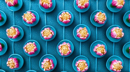 Floral arrangement featuring water lily flowers on turquoise reflective surface