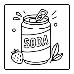 Soda Can Coloring Page with Strawberry and Leaves
