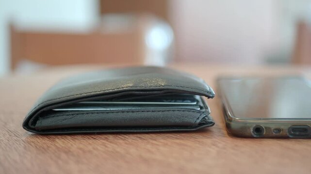 Wallet and smartphone on a wooden table in a cafe