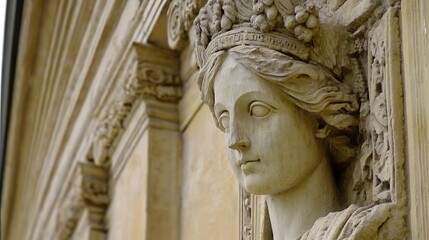 Obraz premium Stone Womans Bust with Building Facade.