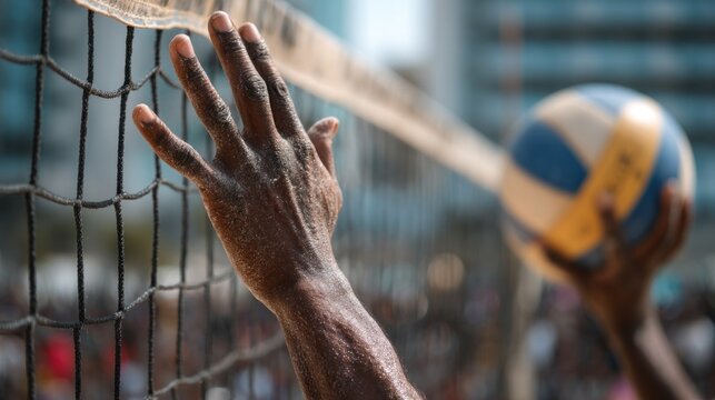 Intense beach volleyball match: Player touching the net during the game