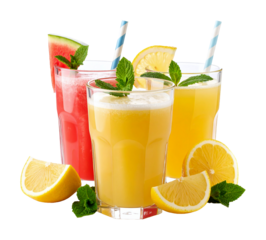 Vibrant and refreshing fruit juice glasses with mint garnish