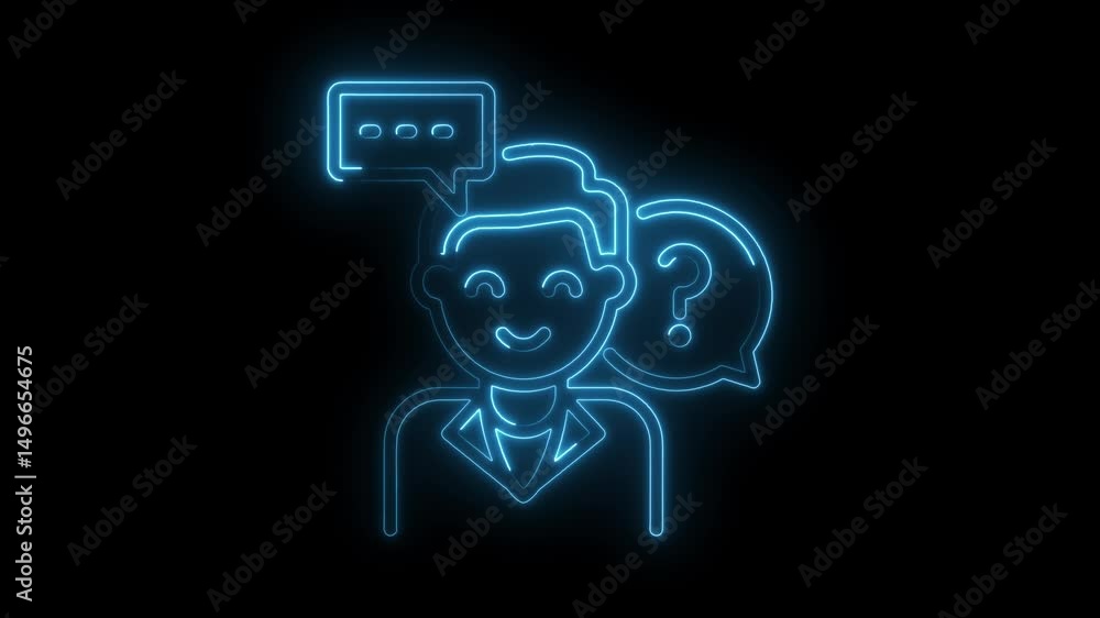 Poster man with question mark and speech bubble outline neon glowing