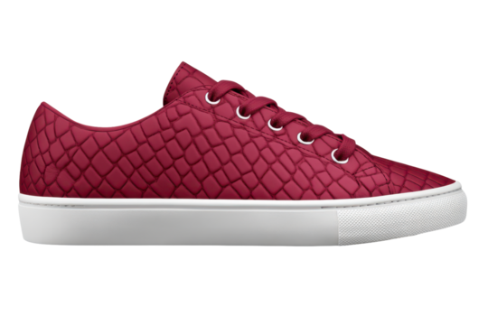 Side profile of a burgundy low-top sneaker with a textured, scale-like pattern and a white sole