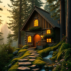 Fototapeta premium Enchanted Log Cabin in Mystical Forest with Waterfall at Dusk