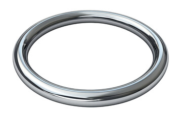 A smooth, metallic ring, possibly made of silver or chrome, is depicted in a three-dimensional, highly-polished rendering against a black backdrop.  The ring is simple, without embellishments