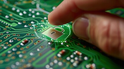 Cybersecurity: A hand draws a shield and lock over a circuit board, symbolizing the human-driven efforts to protect digital systems from cyberattacks and vulnerabilities.
