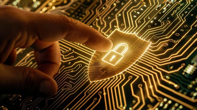 Cybersecurity: A hand outlines a protective shield and lock on a circuit board, illustrating the human role in safeguarding digital systems and information.