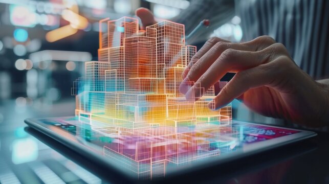 Augmented Reality: Hands draw 3D virtual elements popping out of a tablet, illustrating the fusion of physical and digital spaces through augmented reality technology.