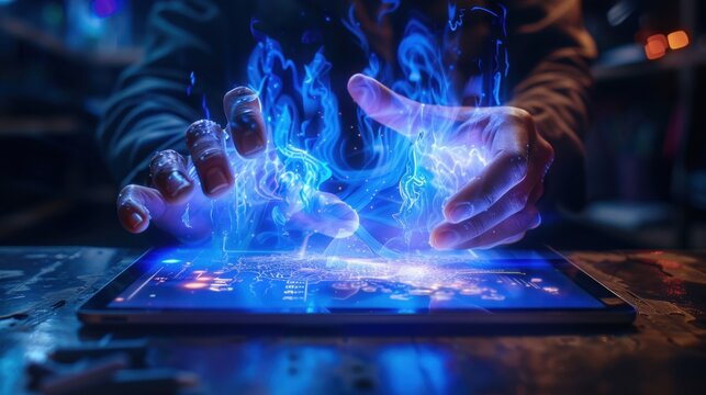 Augmented Reality: A hand sketches 3D virtual elements popping from a tablet, seamlessly blending digital and physical environments in an augmented reality experience.
