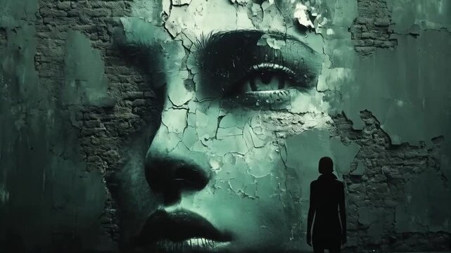 Weathered mural of solemn face on cracked textured urban wall.
