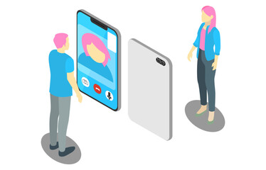 isometric illustration online learning with video teleconference, vector illustration