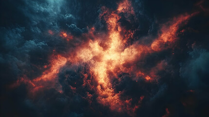 Fototapeta premium Fiery, dramatic cloudscape; intense orange and teal hues swirl, creating a powerful, abstract image ideal for backgrounds or artistic projects.