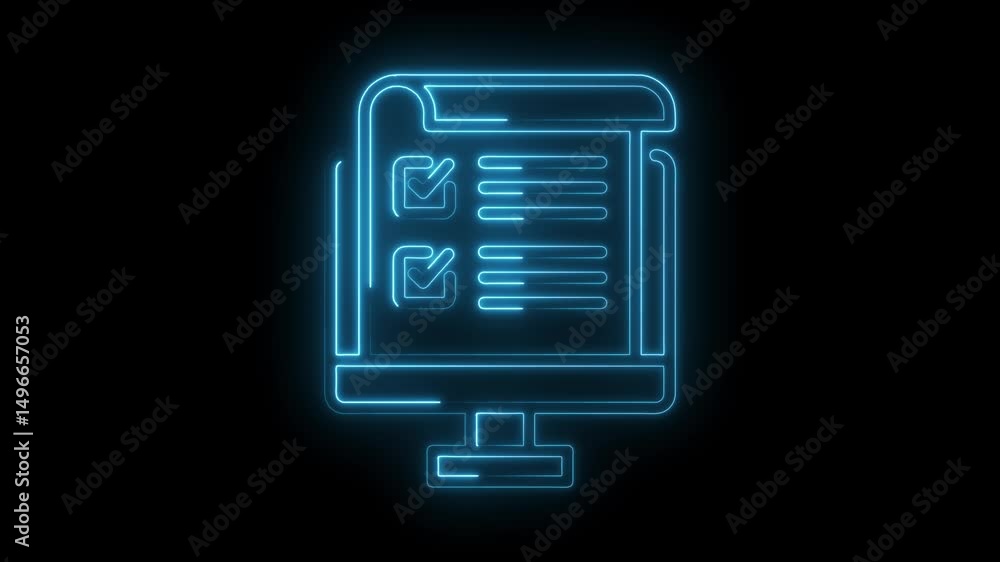 Poster neon checklist on computer screen glows against black background animation video