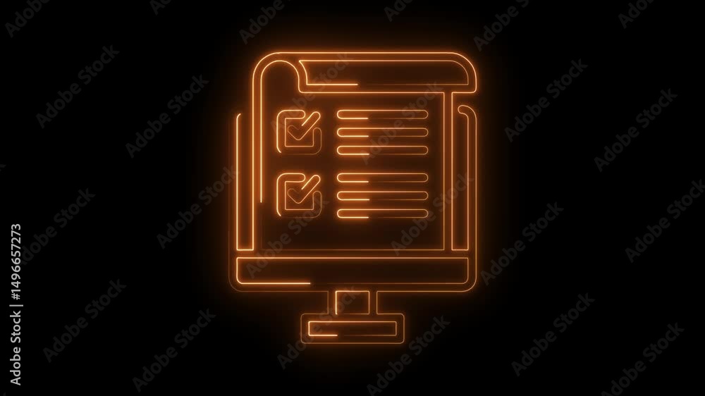Poster neon checklist on computer screen symbol animation glowing orange lines