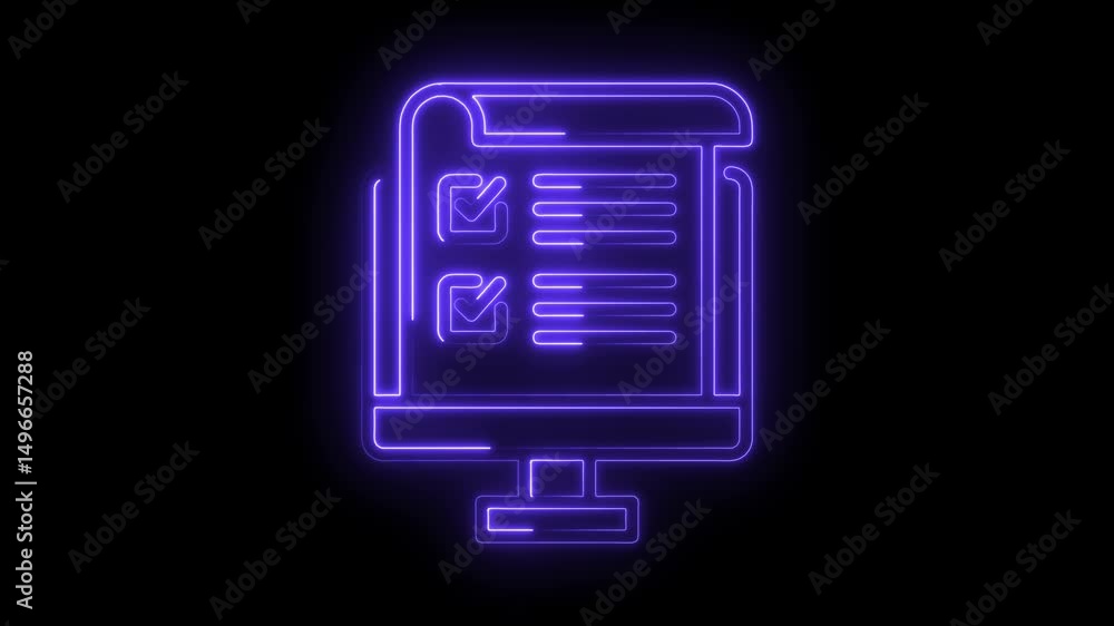 Poster neon style checklist form glowing on monitor screen animated motion graphics