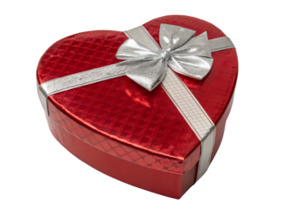 Red Heart Shaped Gift Box with Silver Ribbon Isolated on transparent background cutout, PNG file, Cutout file