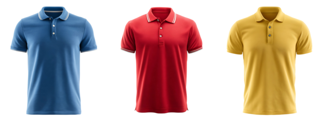 Front View Mockup of Blue Red and Yellow Polo T Shirt High Quality Product Template Isolated on a White or Transparent Background.