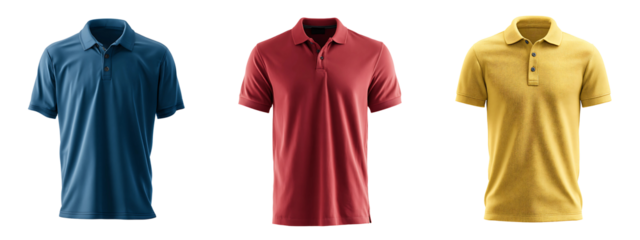 Front View Mockup of Blue Red and Yellow Polo T Shirt High Quality Product Template Isolated on a White or Transparent Background.