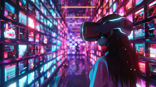 Woman with vr headset in a neon lit corridor filled with screens showing various digital content
