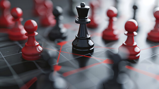 Close up of a chess board with red and black pieces showing strategy and game play on a modern board