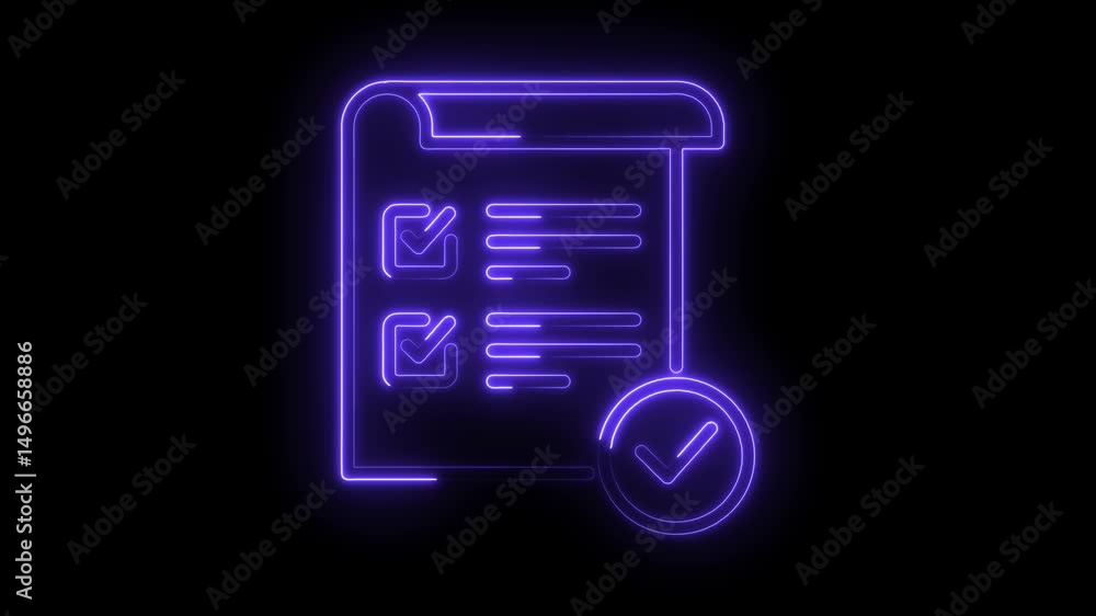 Poster glowing neon checklist with checkmarks animated against black background