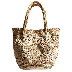 Bohemian Straw Tote Bag with Intricate Artisanal Design Isolated on Transparent Background